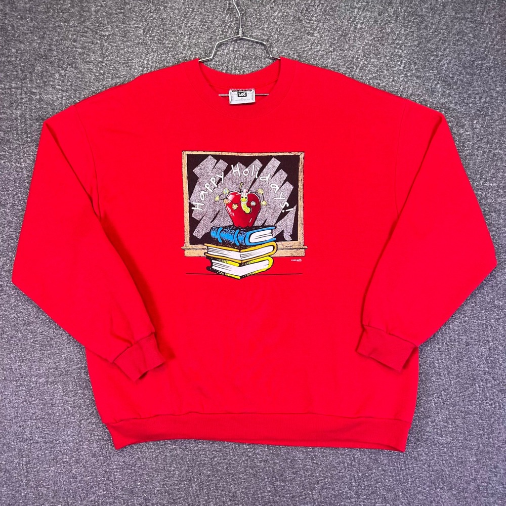 Lee Sweatshirt XL Red Happy Holidays Teacher Graphic Crewneck Retro Vintage USA